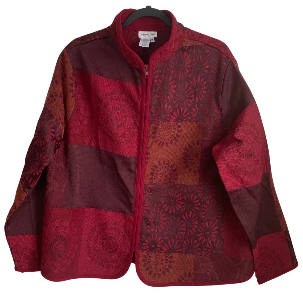 Coldwater Creek Tapestry Patchwork Front Zip Jacket Sz 2X Red Orange Cottagecore